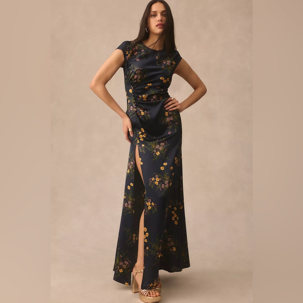Reformation Birch Silk Dress in Mademoiselle Navy Floral Maxi Cap Sleeves